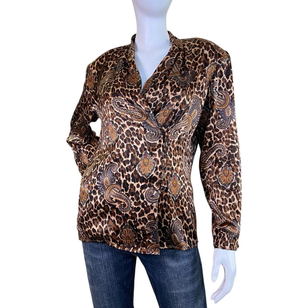 1990s Silk Leopard Paisley Blouse | Vintage Baroque Button Front Top